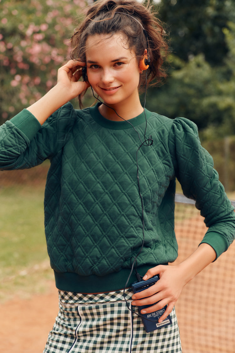 Eden Green Puff Sleeve Quilted Stretch Campbell Pullover