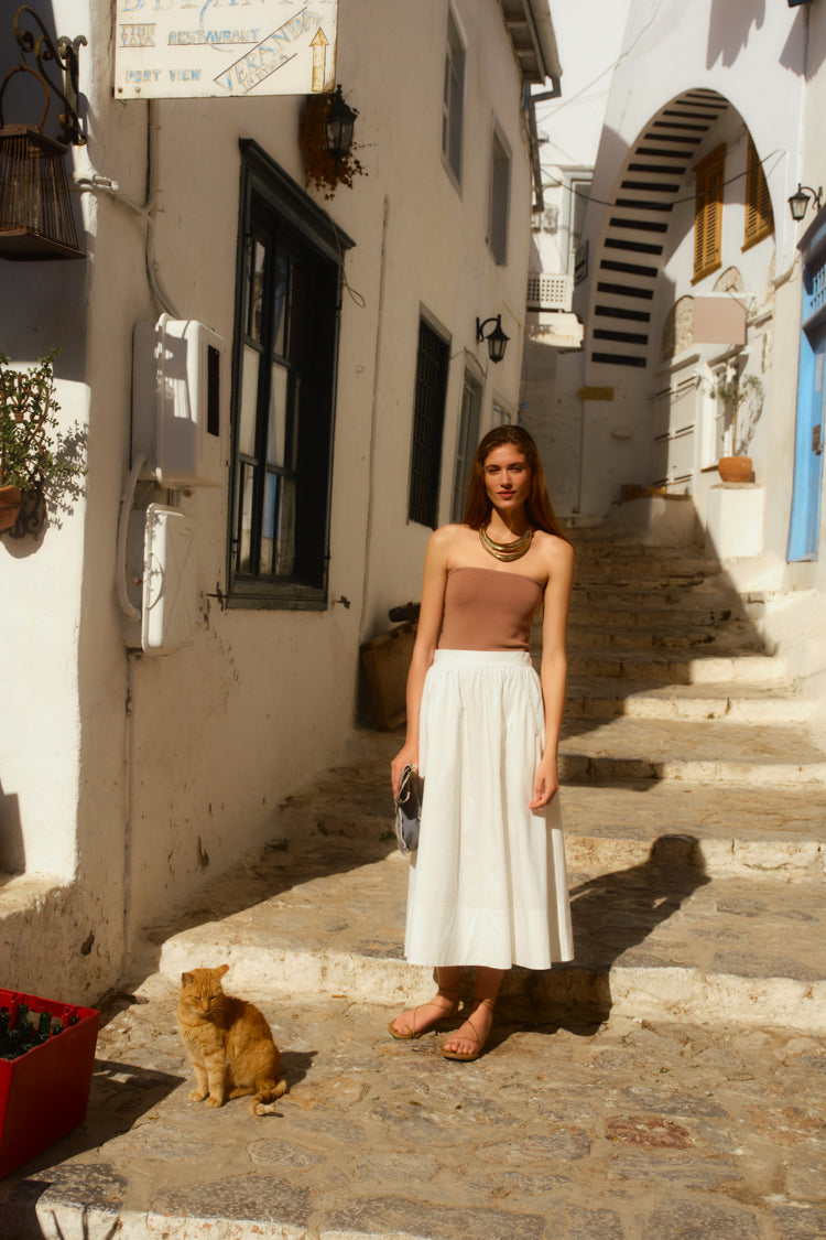 White Poplin Trapunto Stitch Brie Skirt