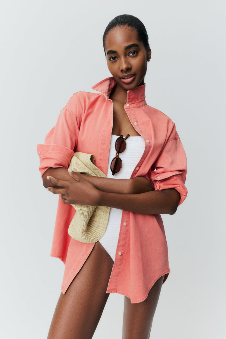 Nantucket Reds Stretch Twill Blane Boyfriend Button Down
