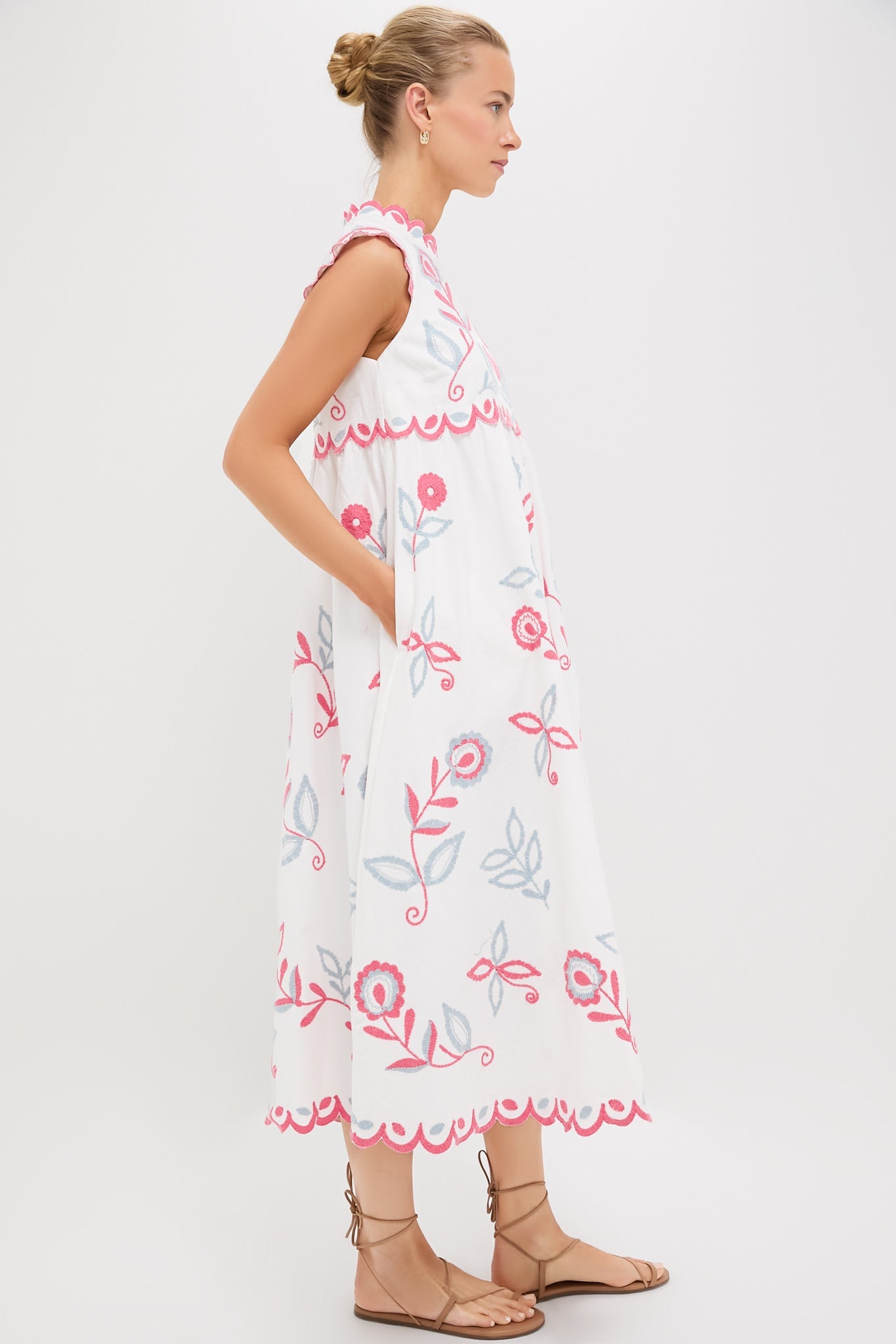 Multi Eevi Embroidered Twill Short Sleeve Dress