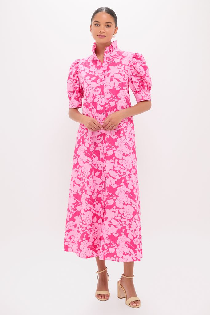 Pink Textured Floral Ruffle Collar Louisa Maxi Dress