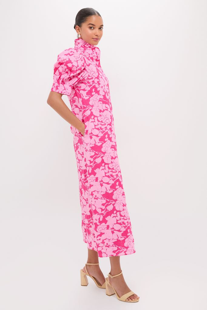 Pink Textured Floral Ruffle Collar Louisa Maxi Dress