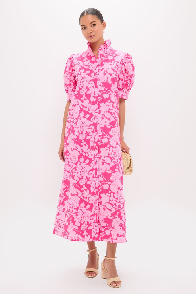 Pink Textured Floral Ruffle Collar Louisa Maxi Dress