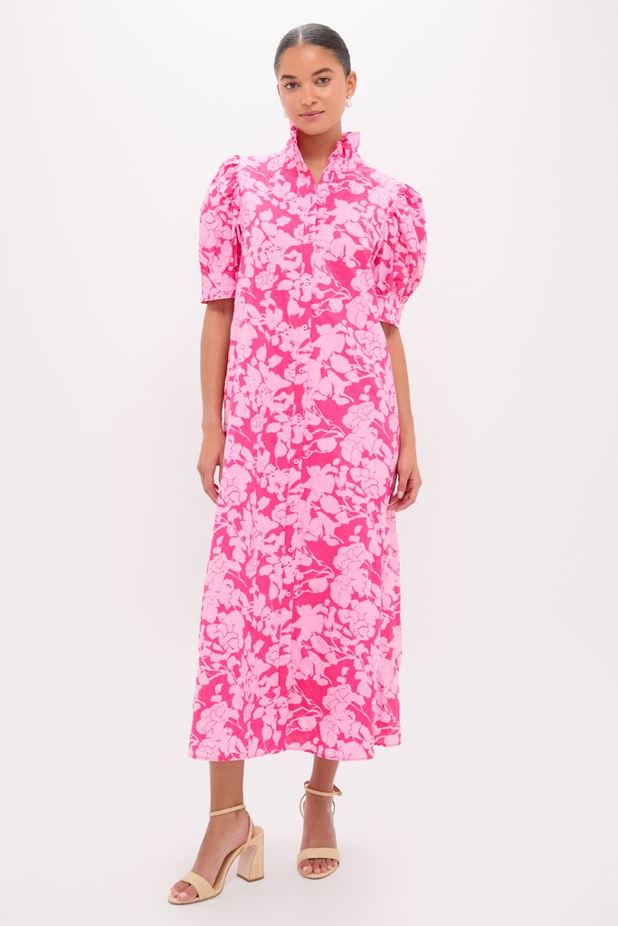 Pink Textured Floral Ruffle Collar Louisa Maxi Dress