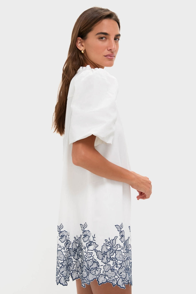 White & Navy Embroidery Mimi Mini Dress