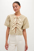Beige Trellis Floral Tie Crossvine Blouse