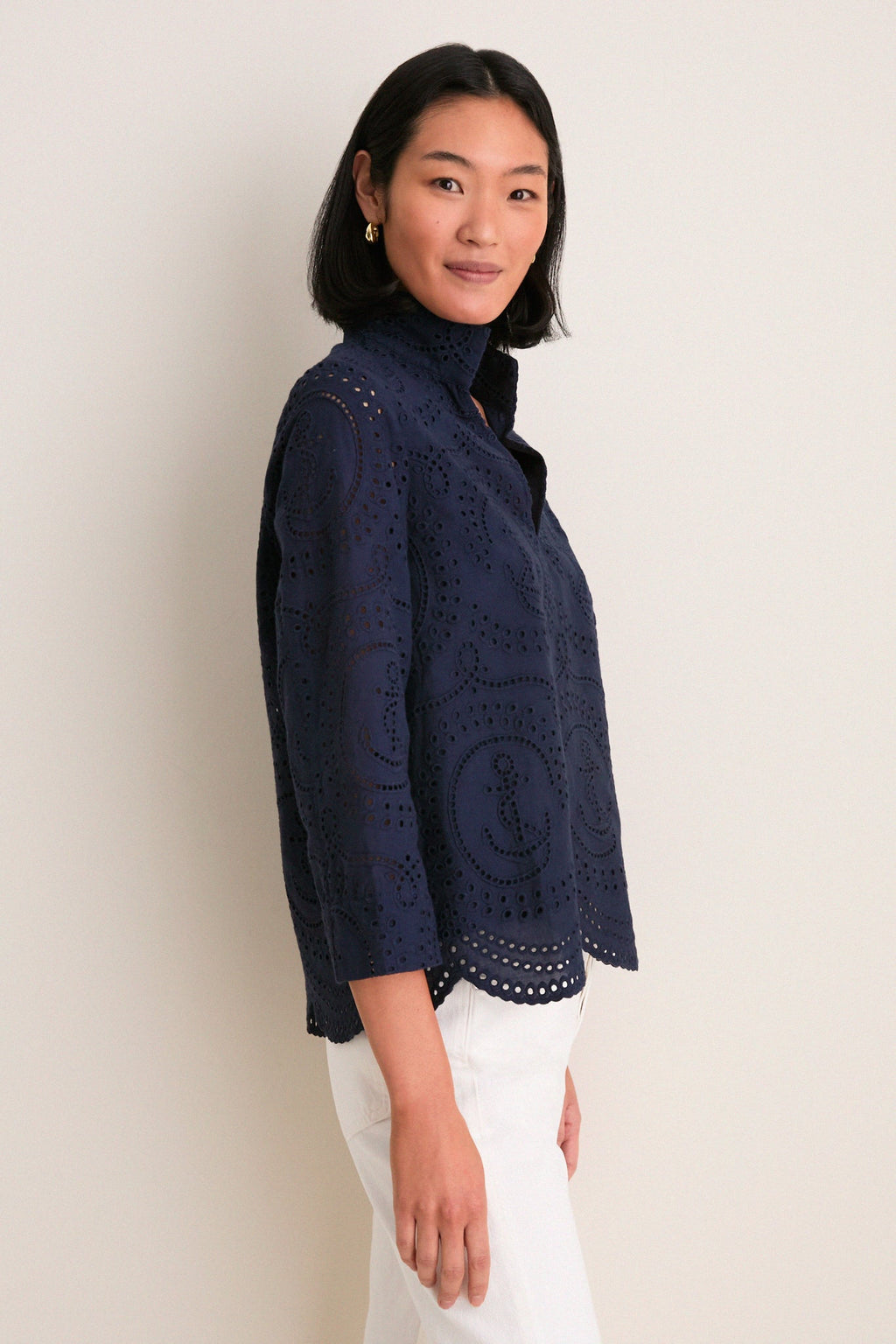 Navy Nautical Eyelet Margot Stand Collar Blouse