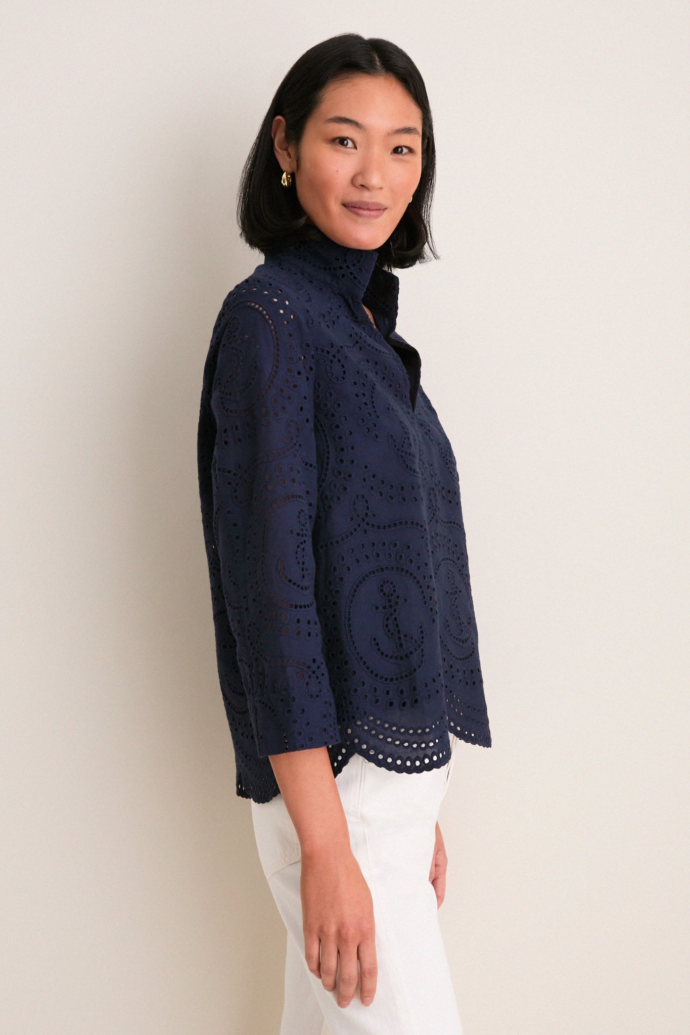 Navy Nautical Eyelet Margot Stand Collar Blouse