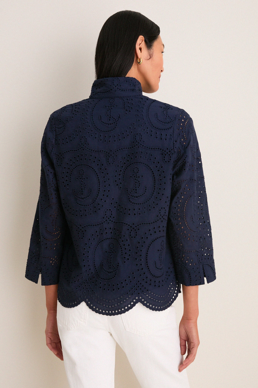 Navy Nautical Eyelet Margot Stand Collar Blouse
