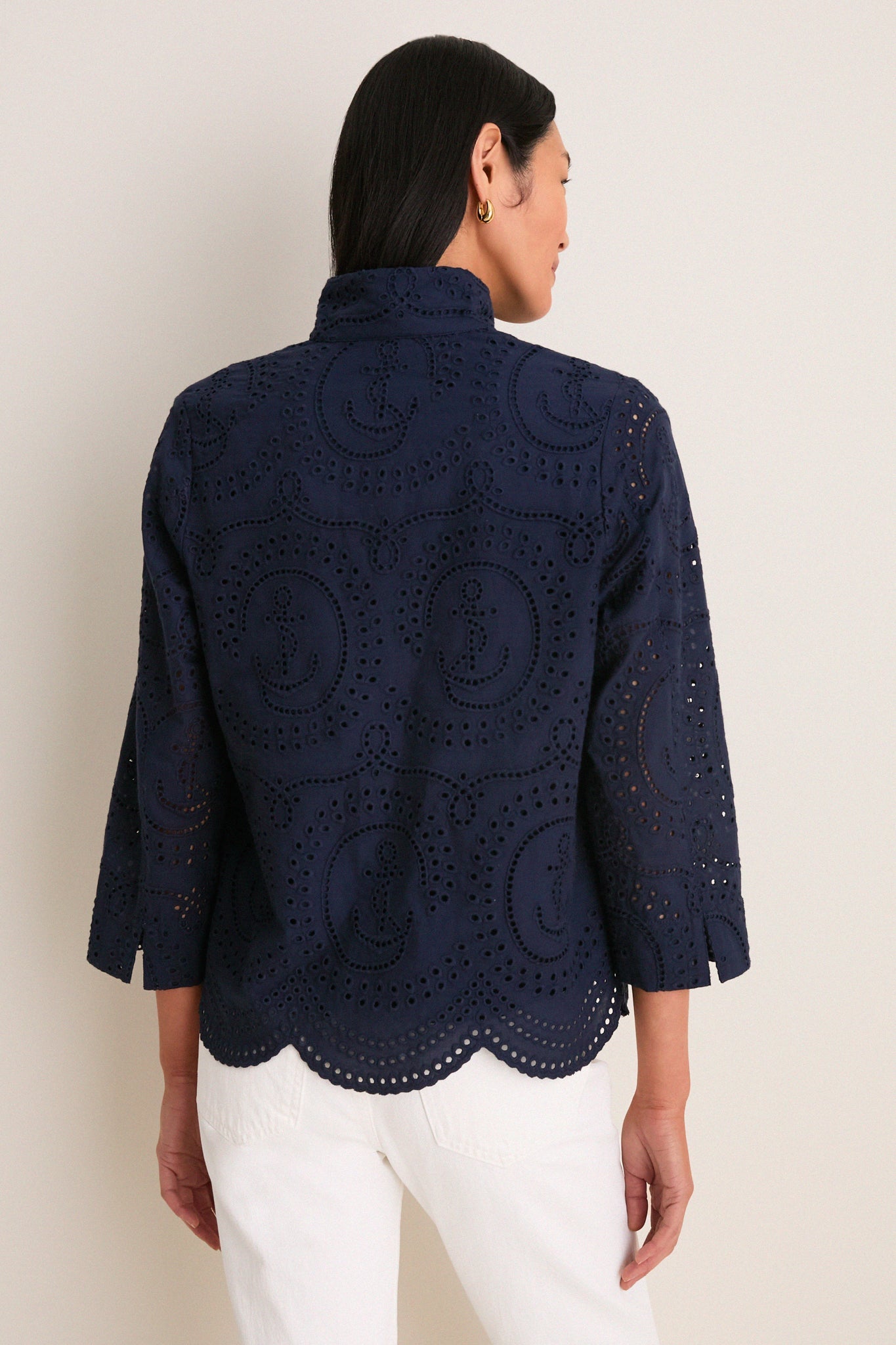 Navy Nautical Eyelet Margot Stand Collar Blouse