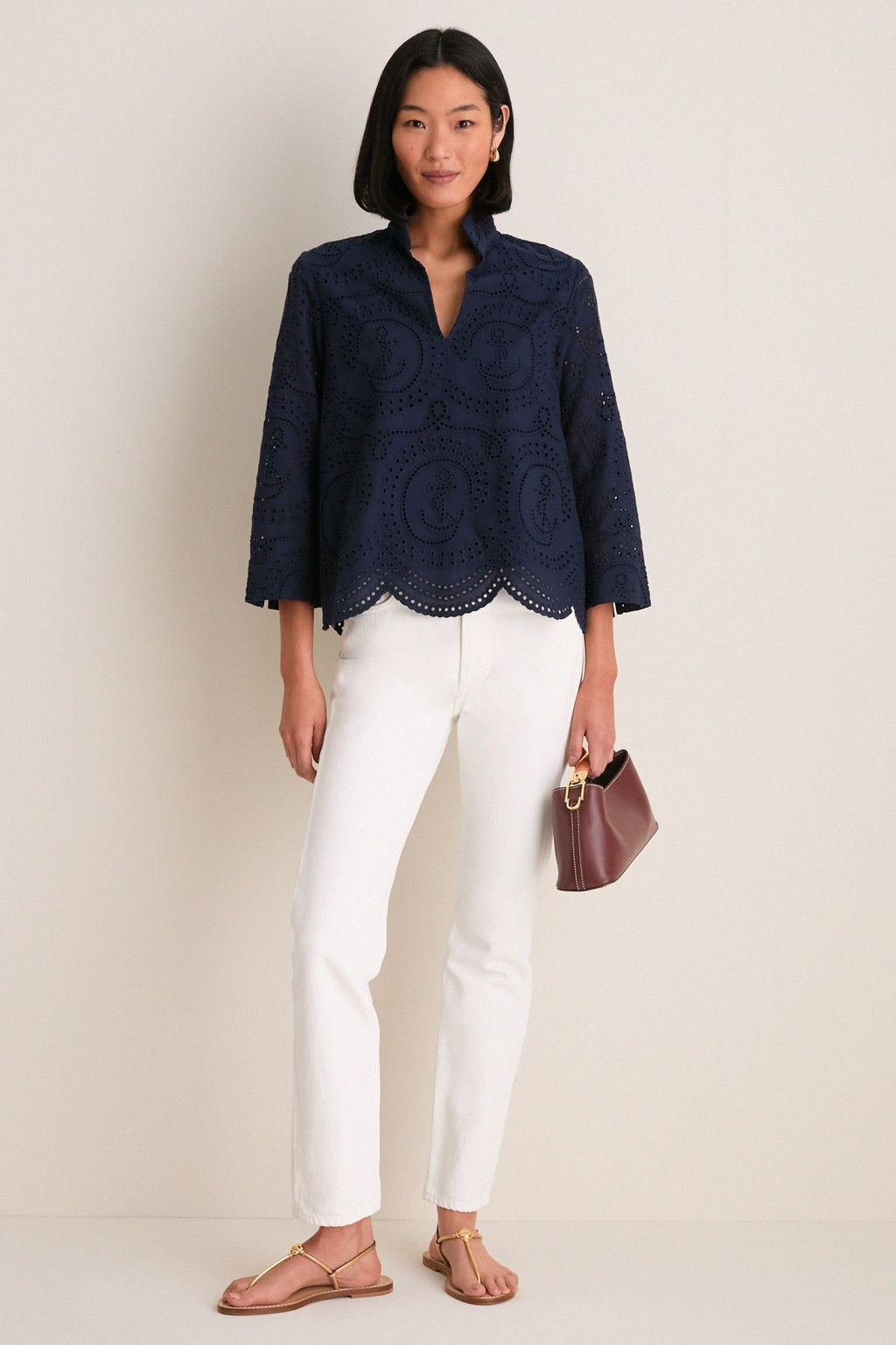 Navy Nautical Eyelet Margot Stand Collar Blouse