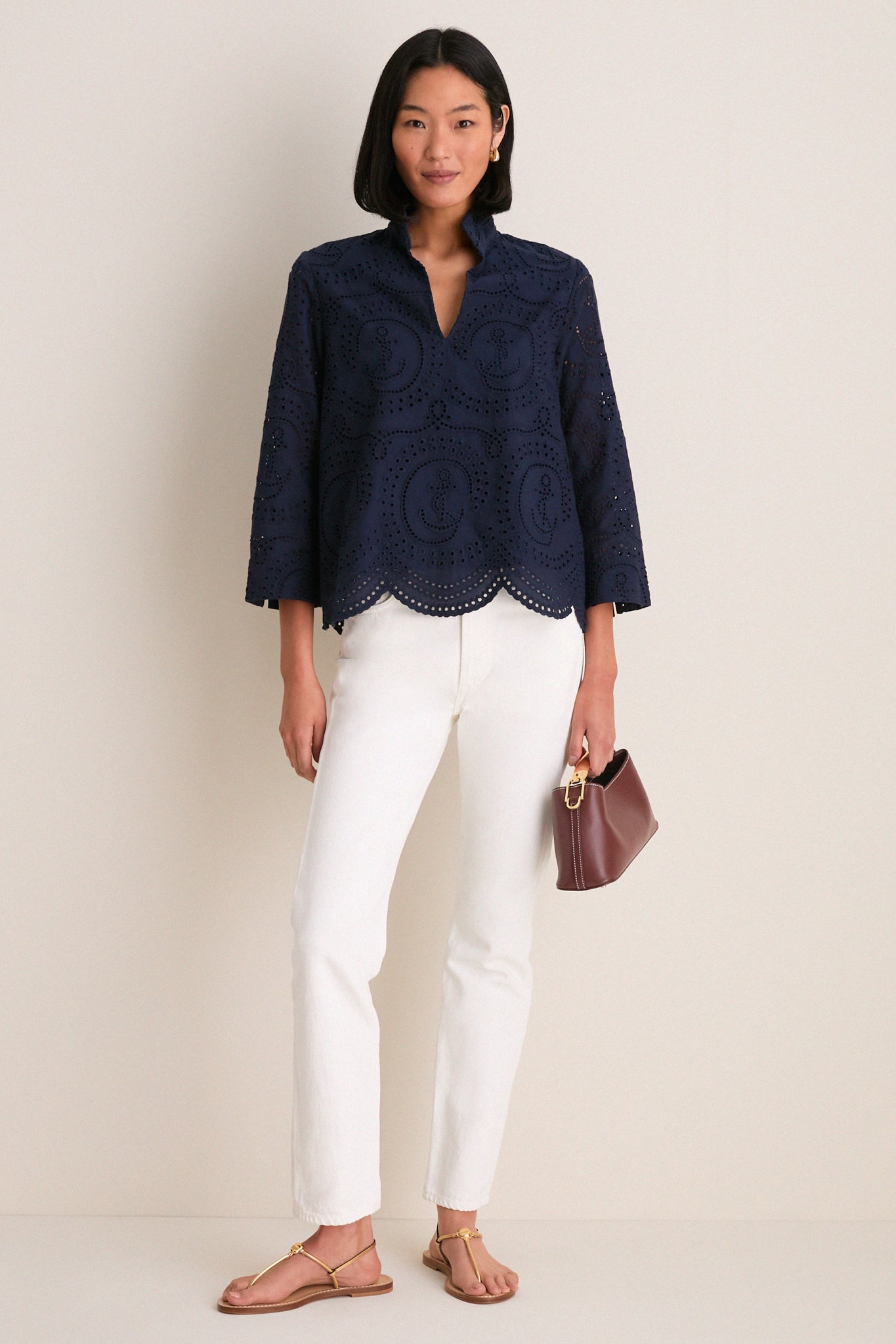 Navy Nautical Eyelet Margot Stand Collar Blouse