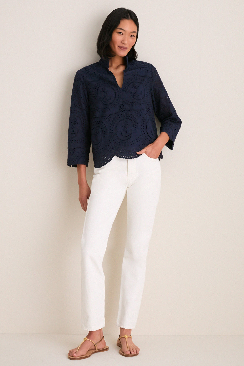 Navy Nautical Eyelet Margot Stand Collar Blouse