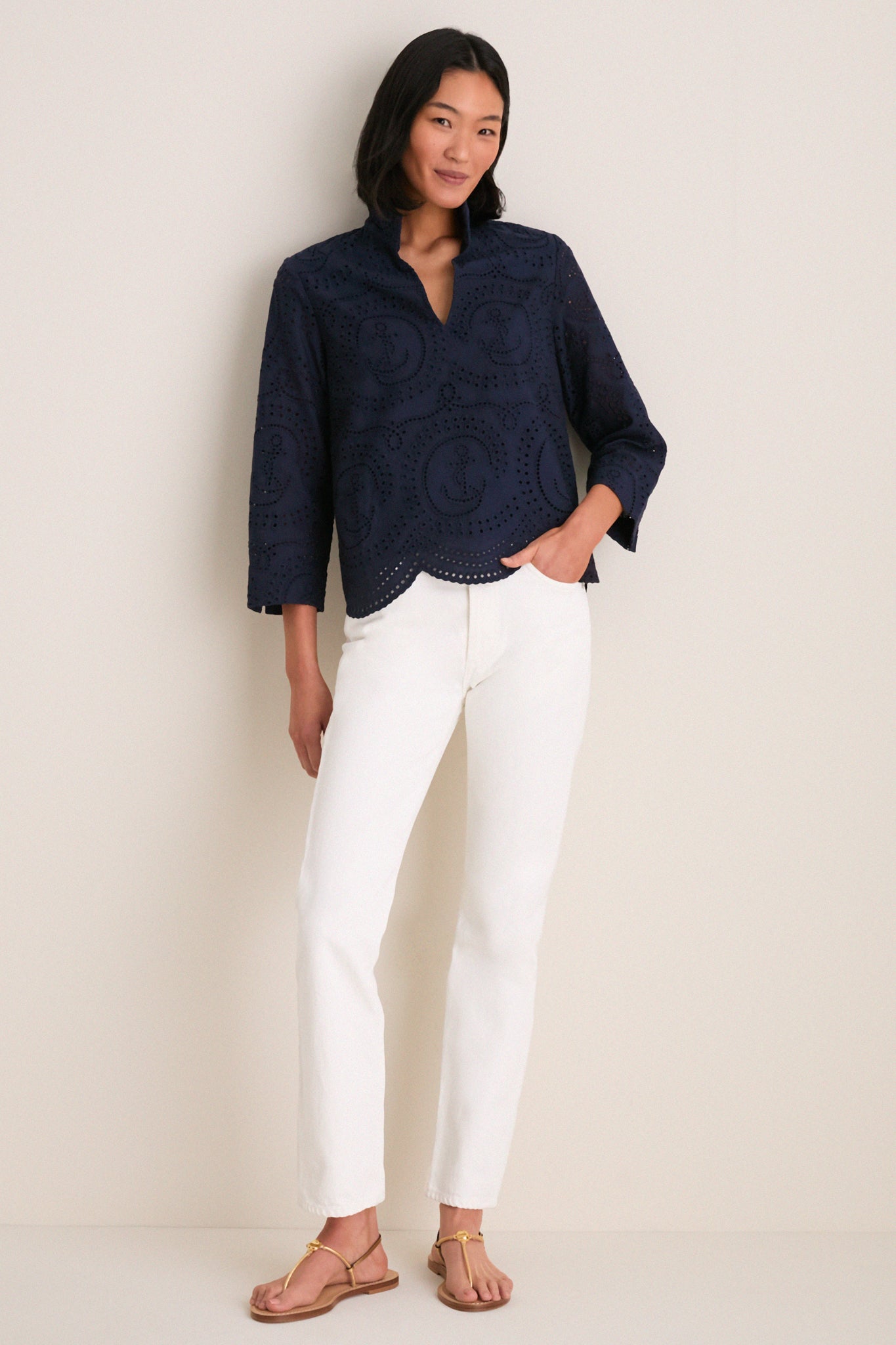 Navy Nautical Eyelet Margot Stand Collar Blouse