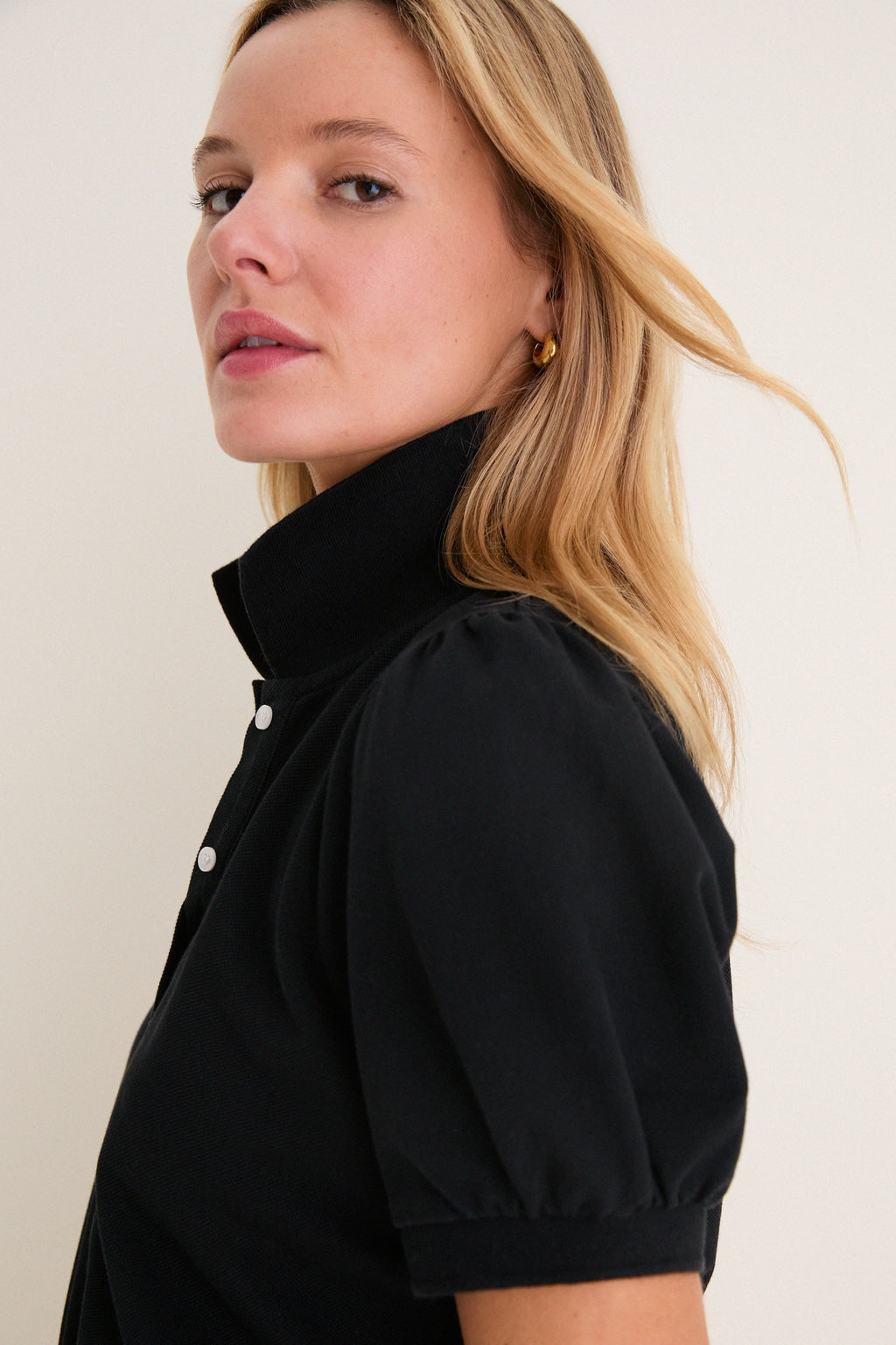 Black Pique Puff Sleeve Peggy Polo