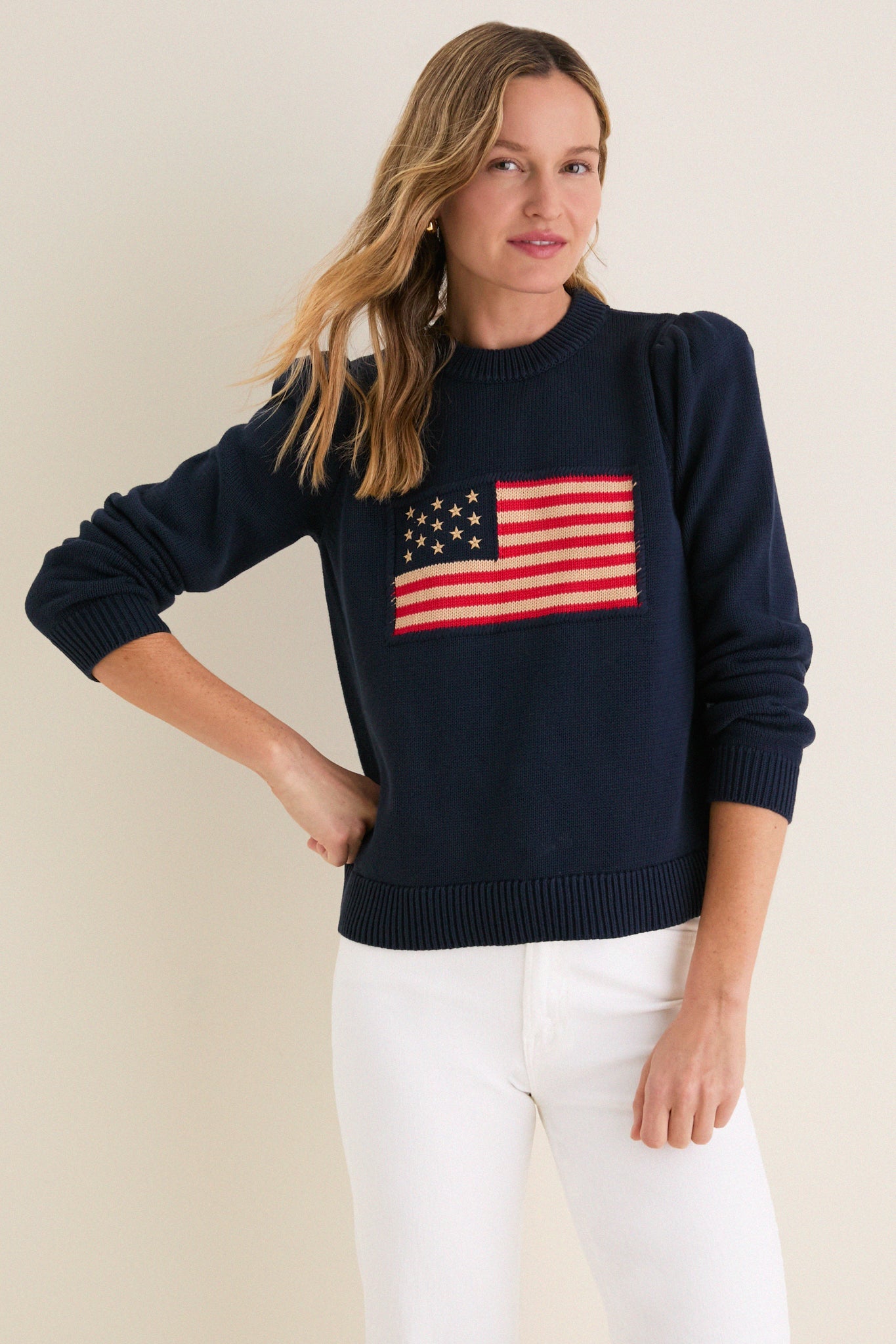 Navy Cropped Cotton Puff Sleeve Americana Sweater