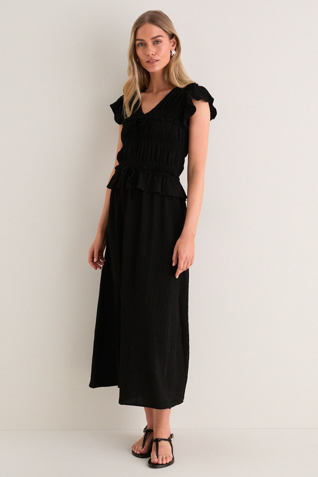 Black Flutter Sleeve Midi Dress