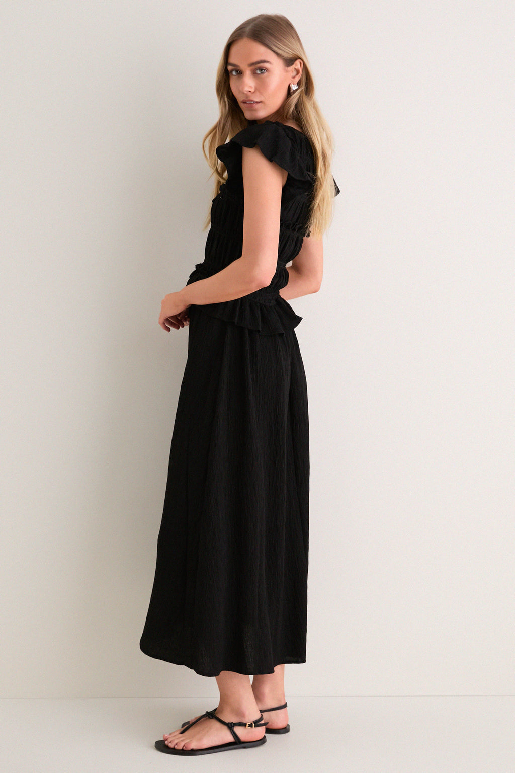 Black Flutter Sleeve Midi Dress