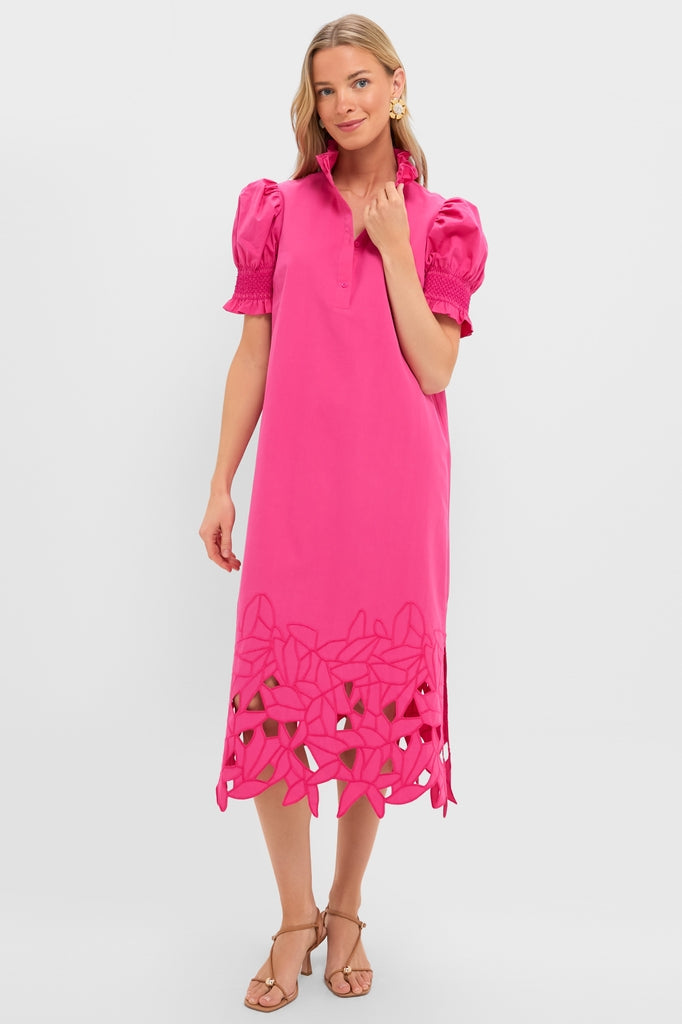Hot Pink Embroidery Eliza Midi Dress