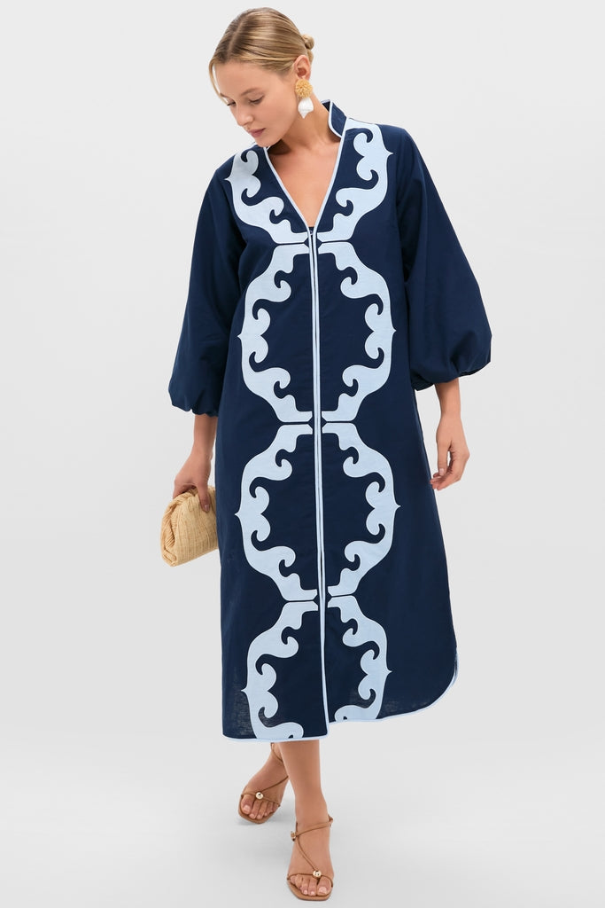 Navy & Baby Blue Embroidered Teresa Caftan