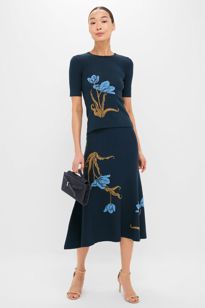 Navy A-Line Midi Knit Skirt