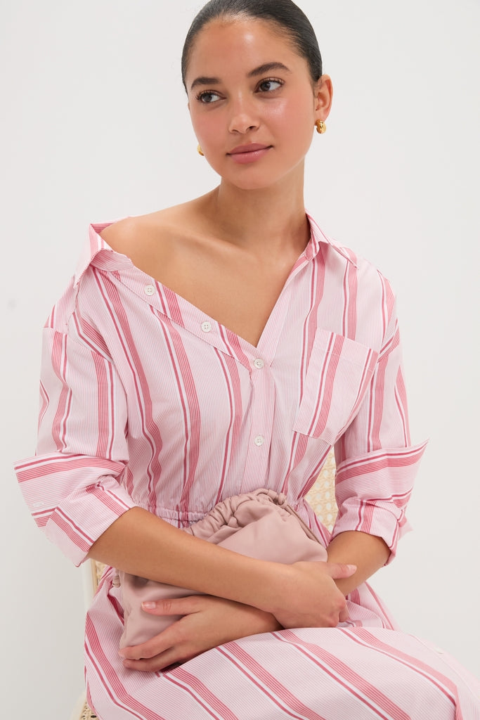 Red Stripe Falling Off the Shoulder Midi Dress