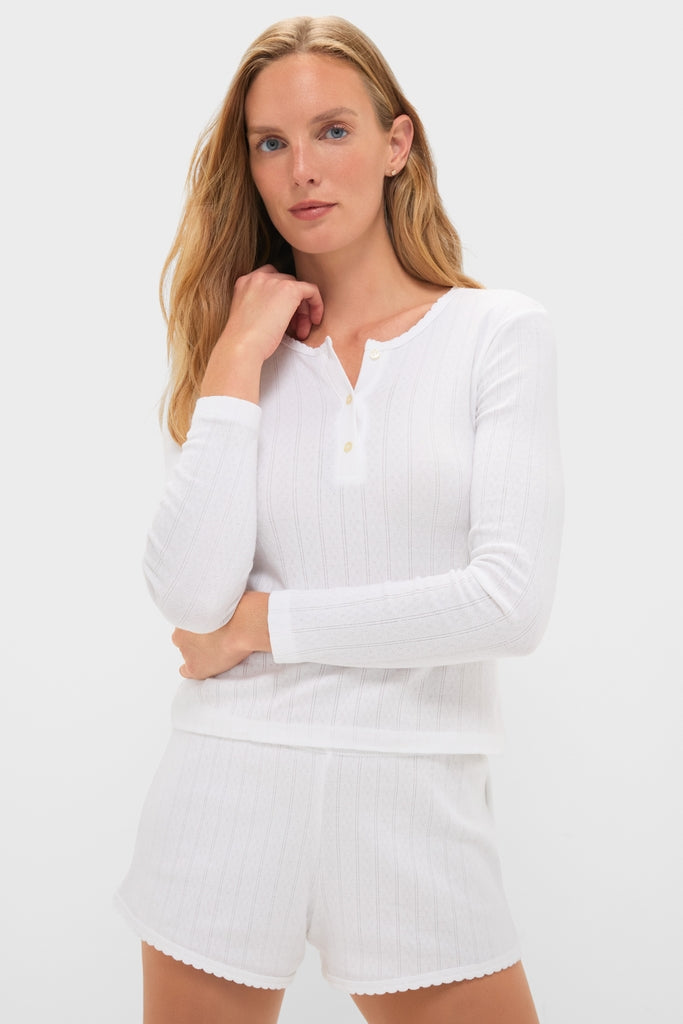 White Pointelle Long Sleeve Henley Tee