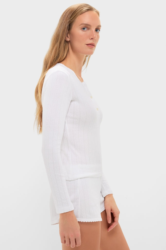 White Pointelle Long Sleeve Henley Tee