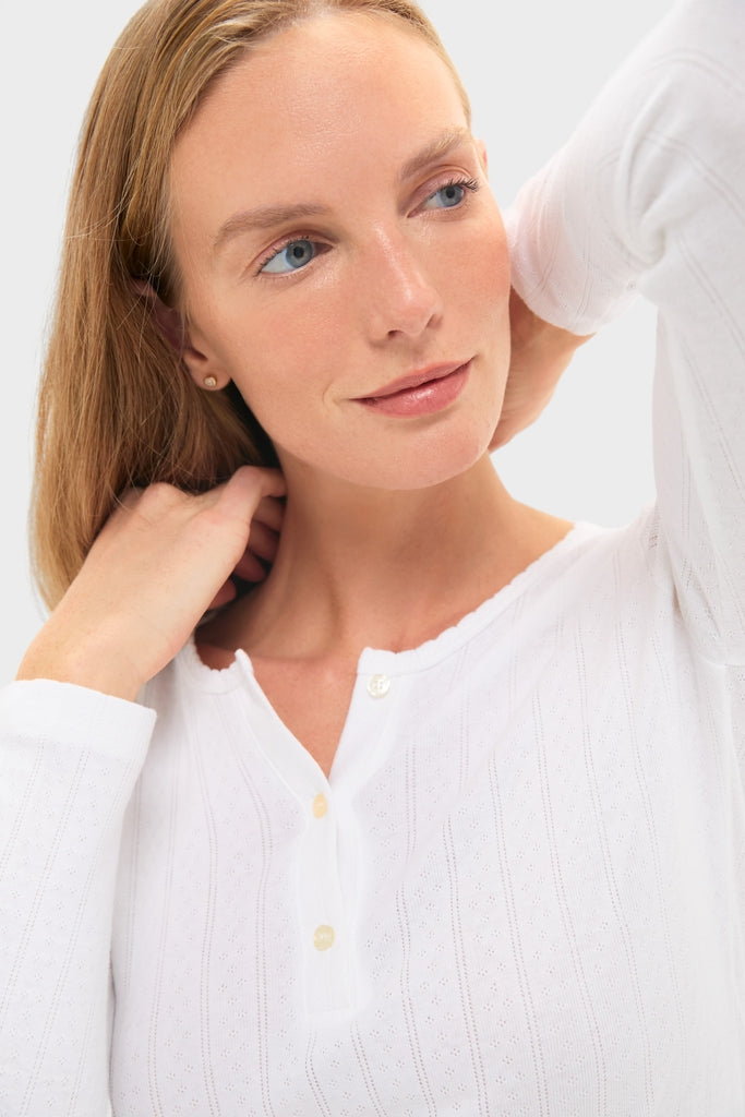 White Pointelle Long Sleeve Henley Tee