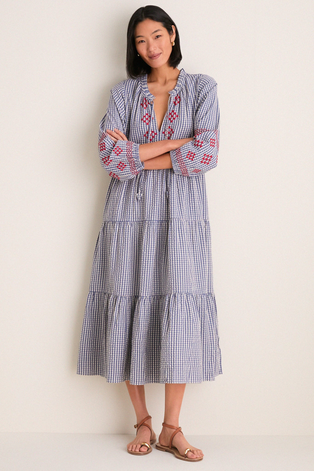 Navy Prism Embroidered Gingham Long Sleeve Salty Paloma Caftan
