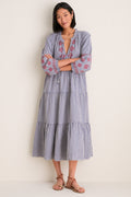 Navy Prism Embroidered Gingham Long Sleeve Salty Paloma Caftan