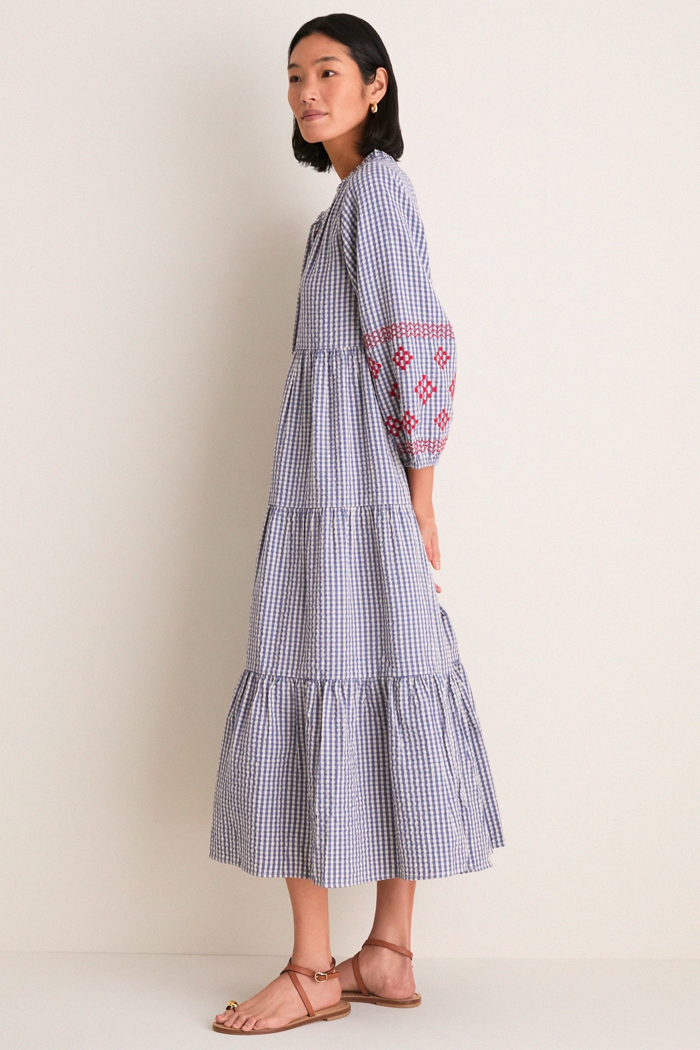 Navy Prism Embroidered Gingham Long Sleeve Salty Paloma Caftan