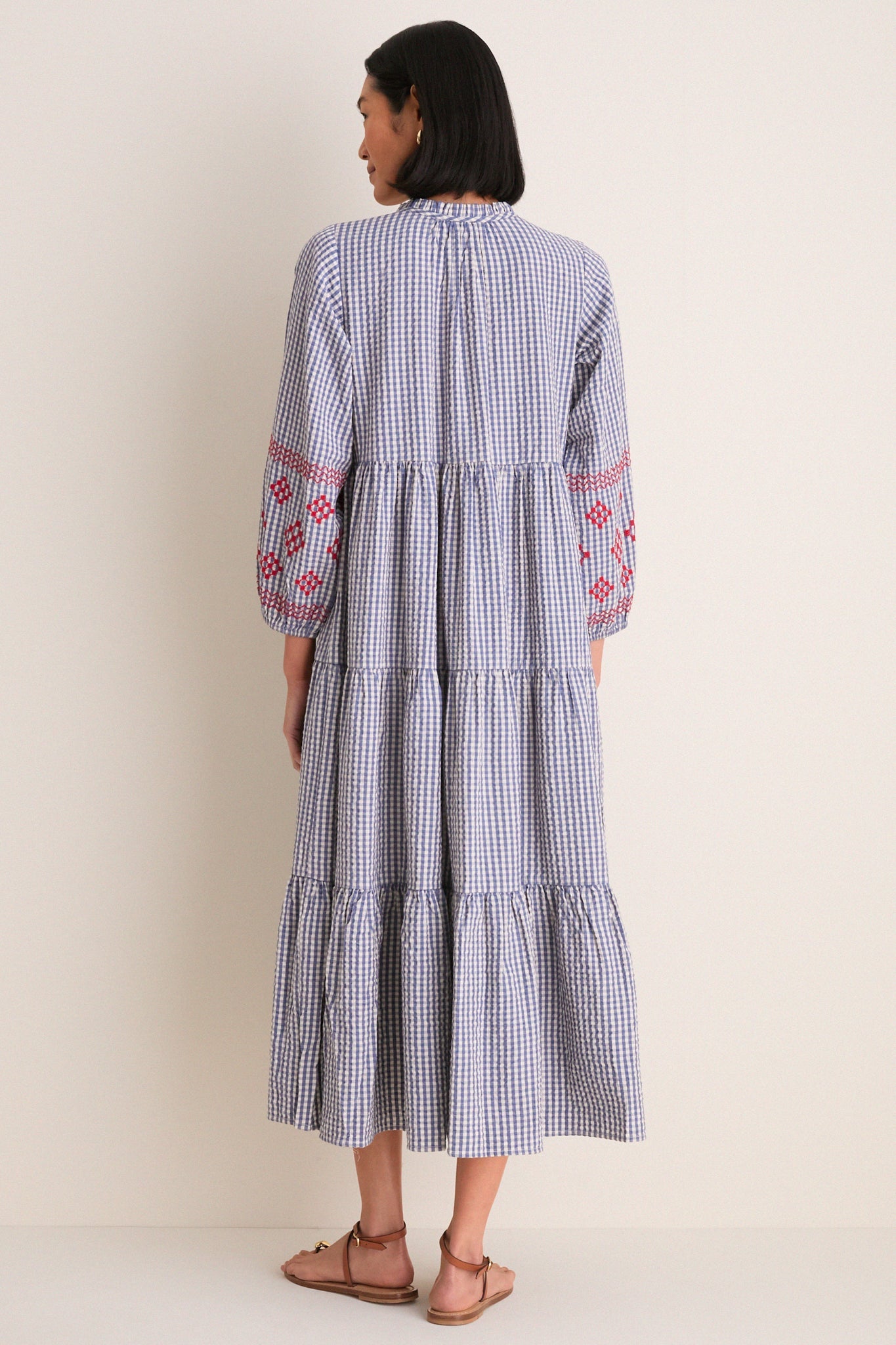 Navy Prism Embroidered Gingham Long Sleeve Salty Paloma Caftan