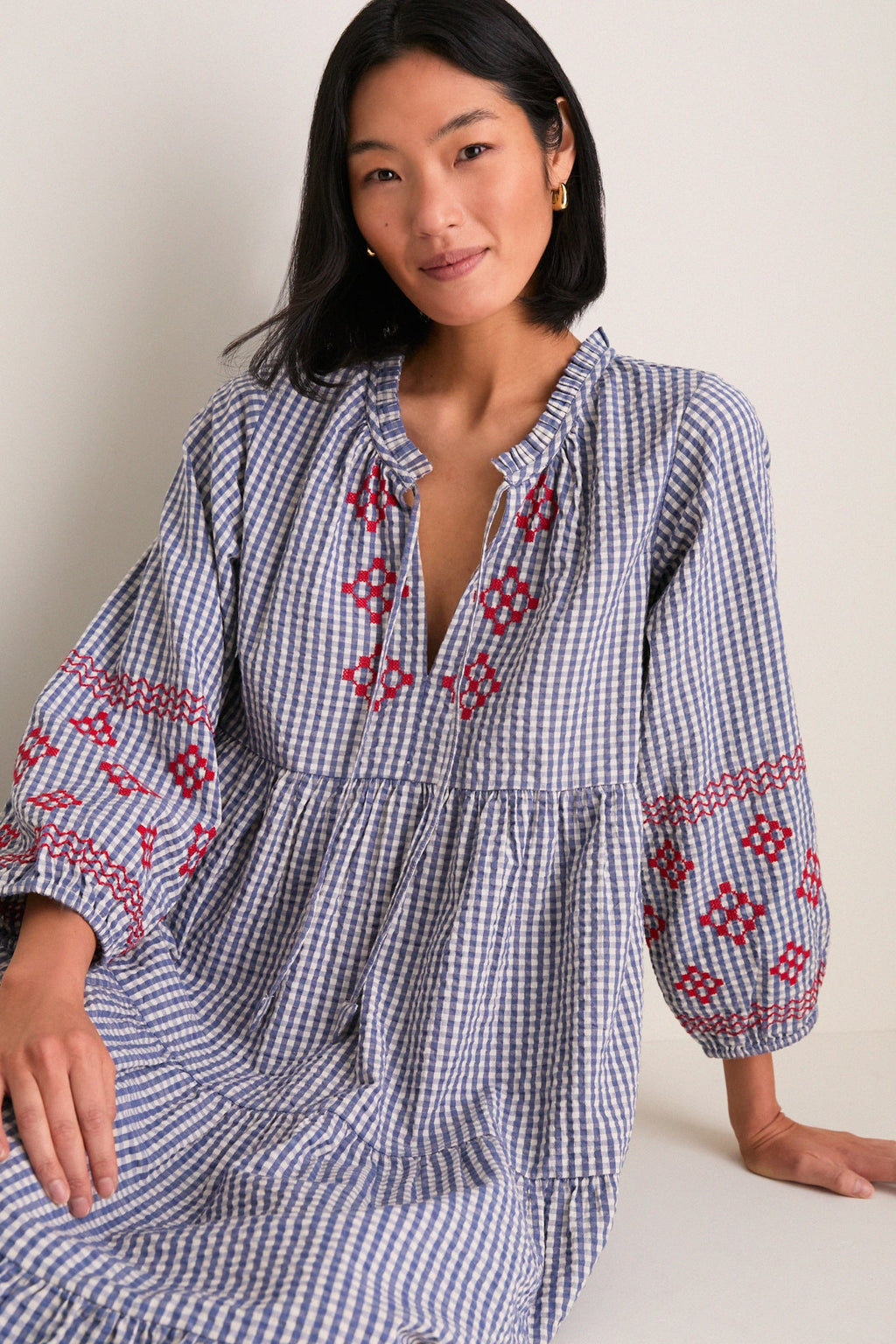 Navy Prism Embroidered Gingham Long Sleeve Salty Paloma Caftan