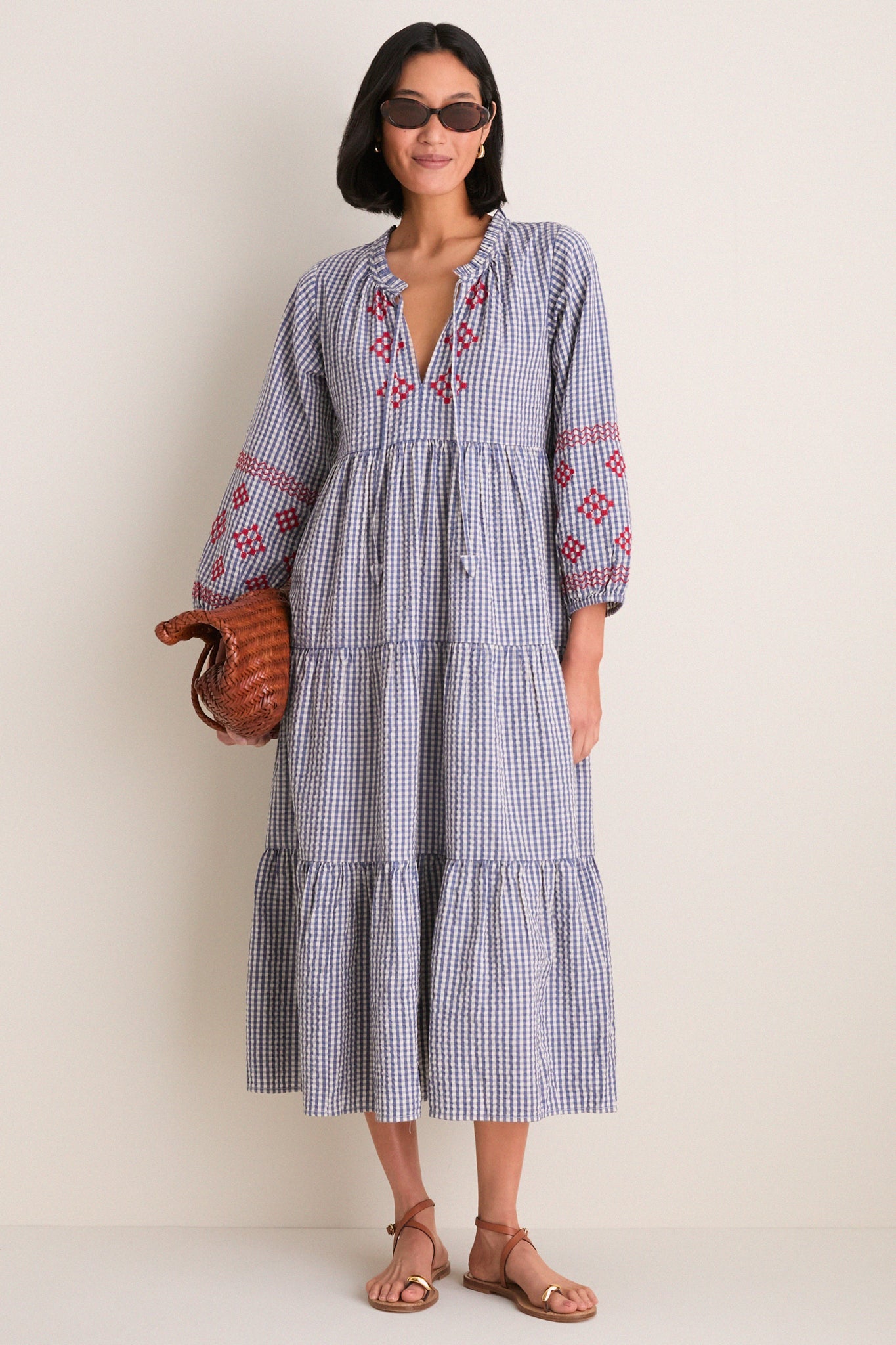 Navy Prism Embroidered Gingham Long Sleeve Salty Paloma Caftan