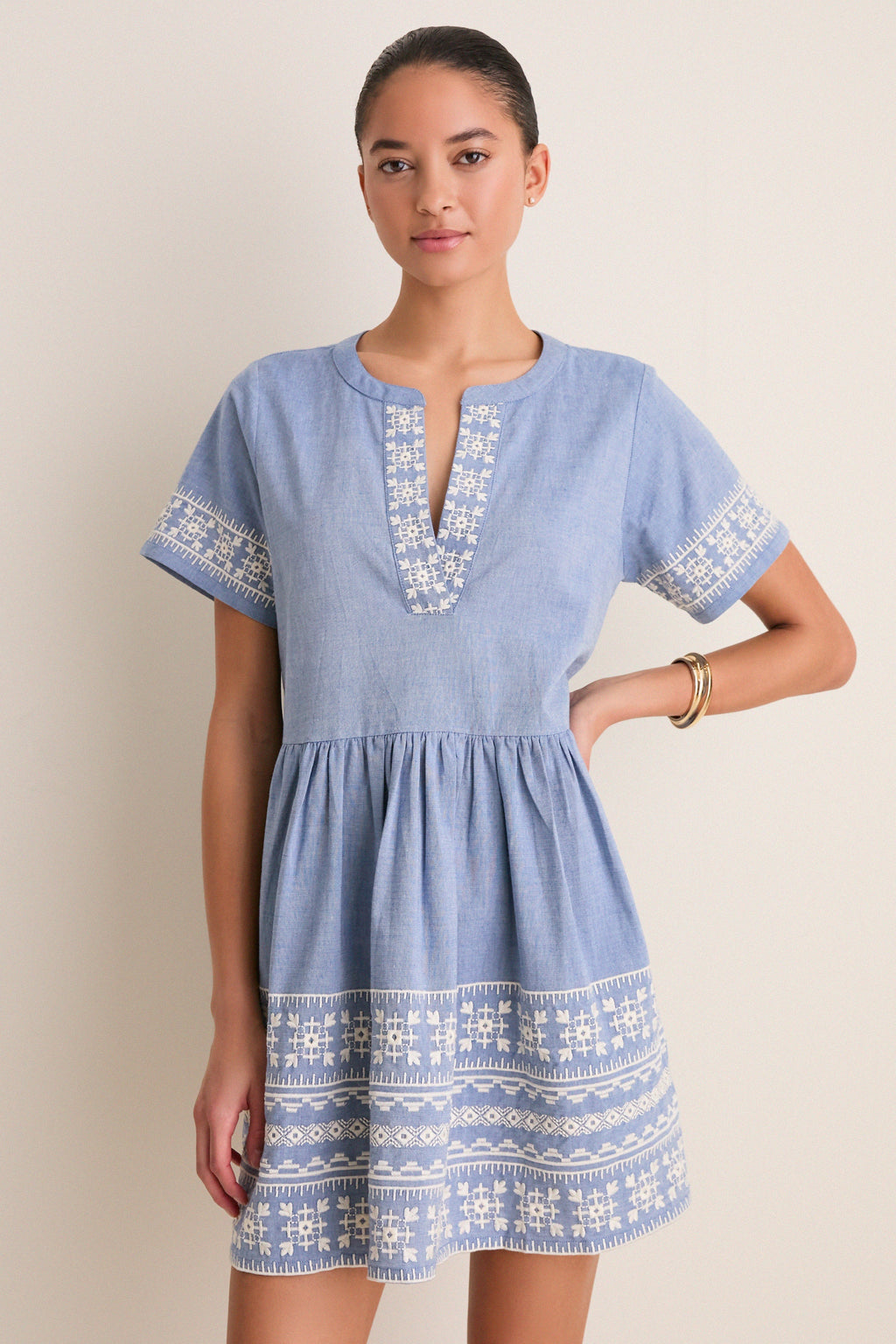 Chambray Embroidered Naples Mini Dress