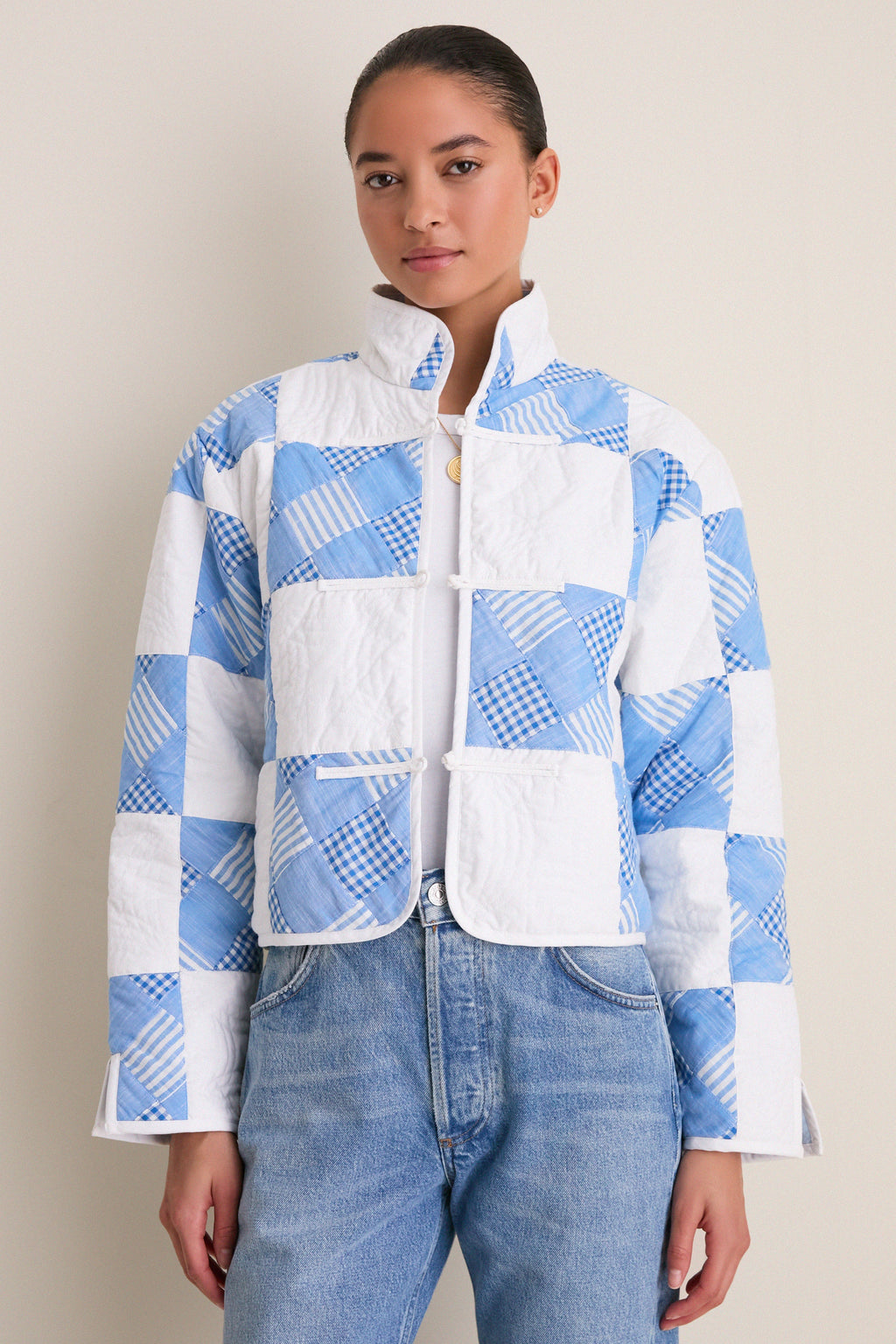 Blue and White Quilted Cropped Townley Jacket