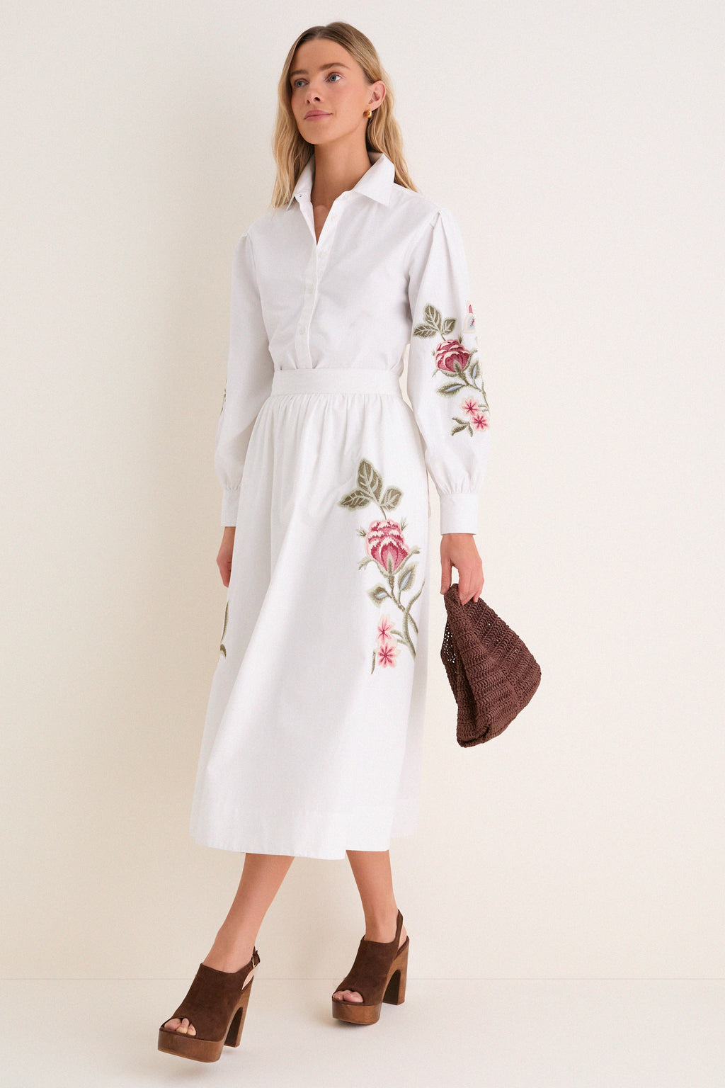 White Floral Embroidered Mirella Midi Skirt