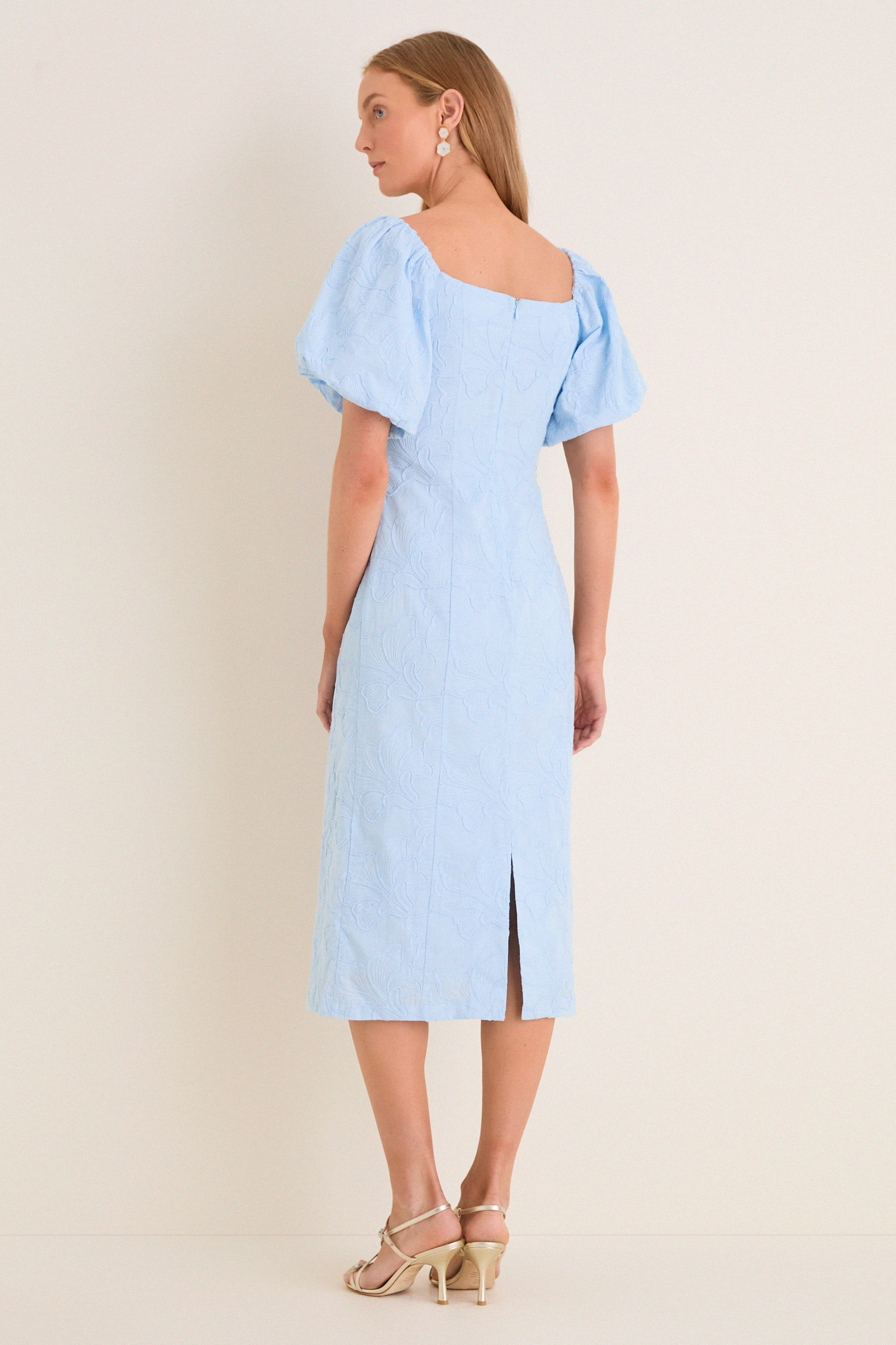 Pale Blue Embroidered Ginkgo Leaf Sallie Midi Dress