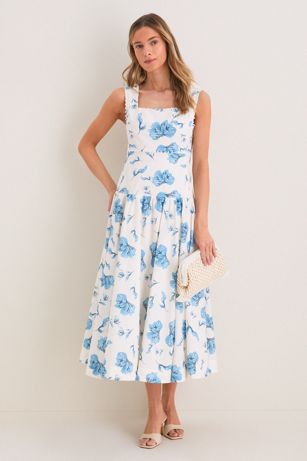 Cream & Blue Floral Pearl Trim Persephone Maxi Dress