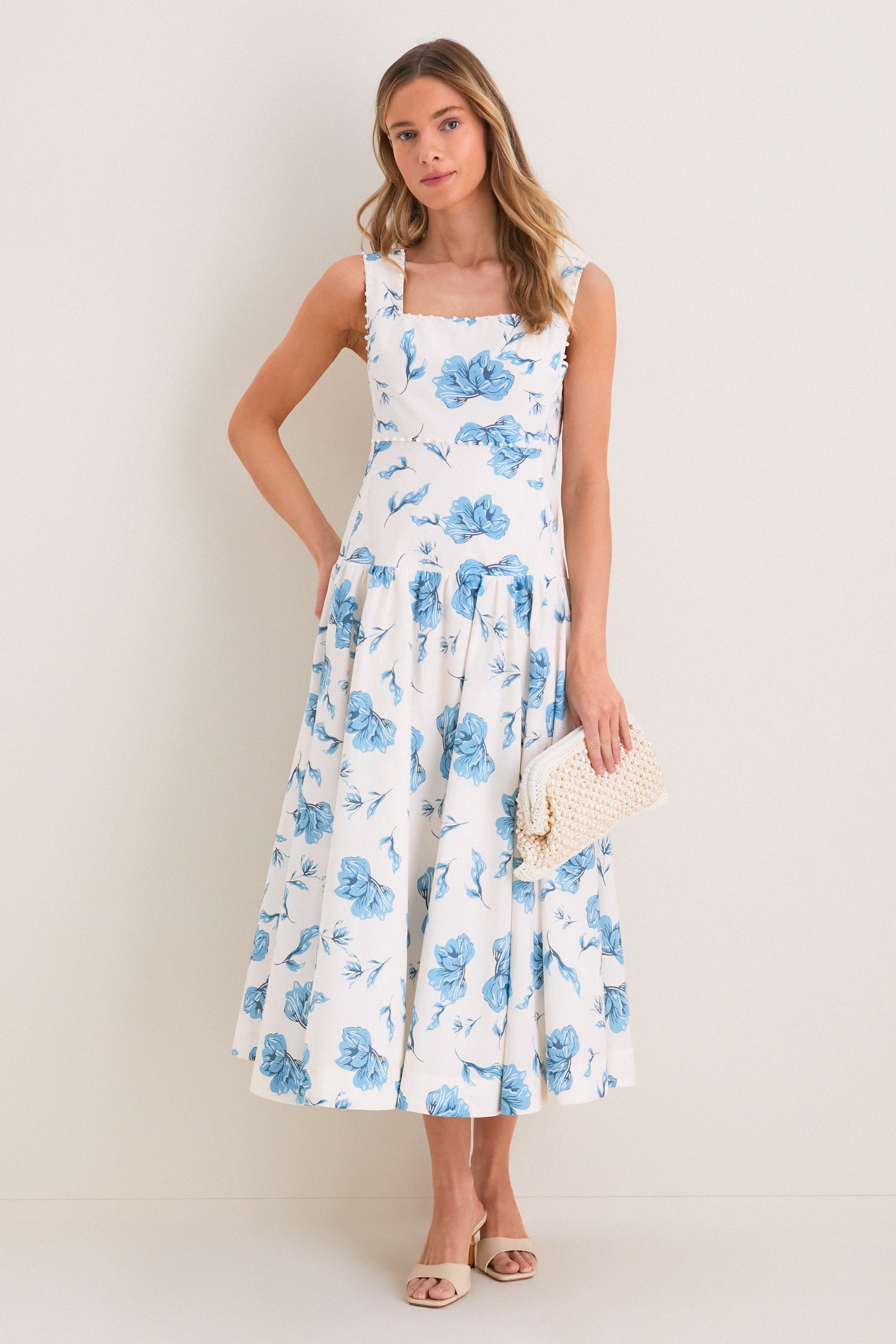 Cream & Blue Floral Pearl Trim Persephone Maxi Dress