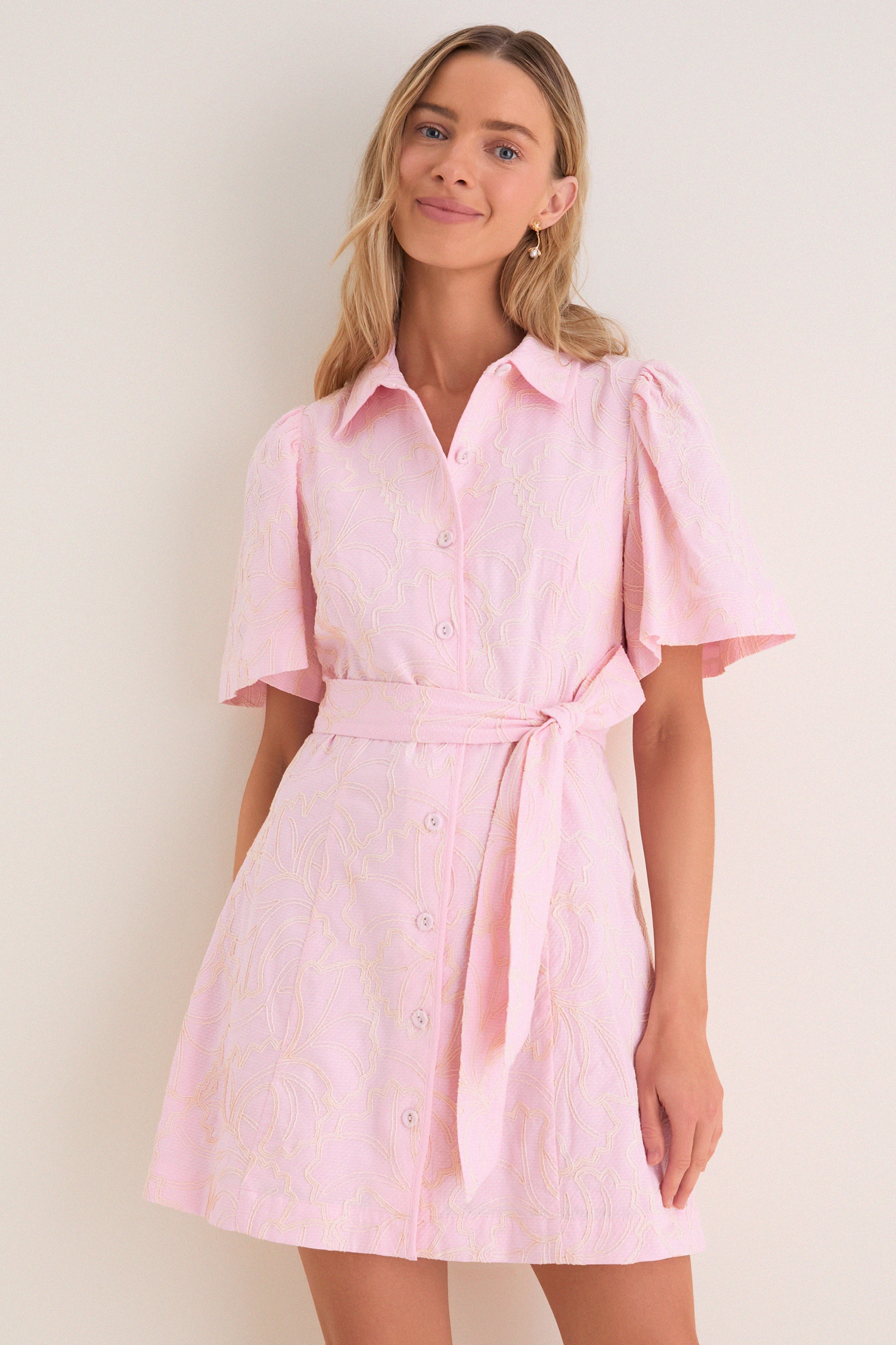 Light Pink Embroidered Gingko Leaf Peppa Mini Dress