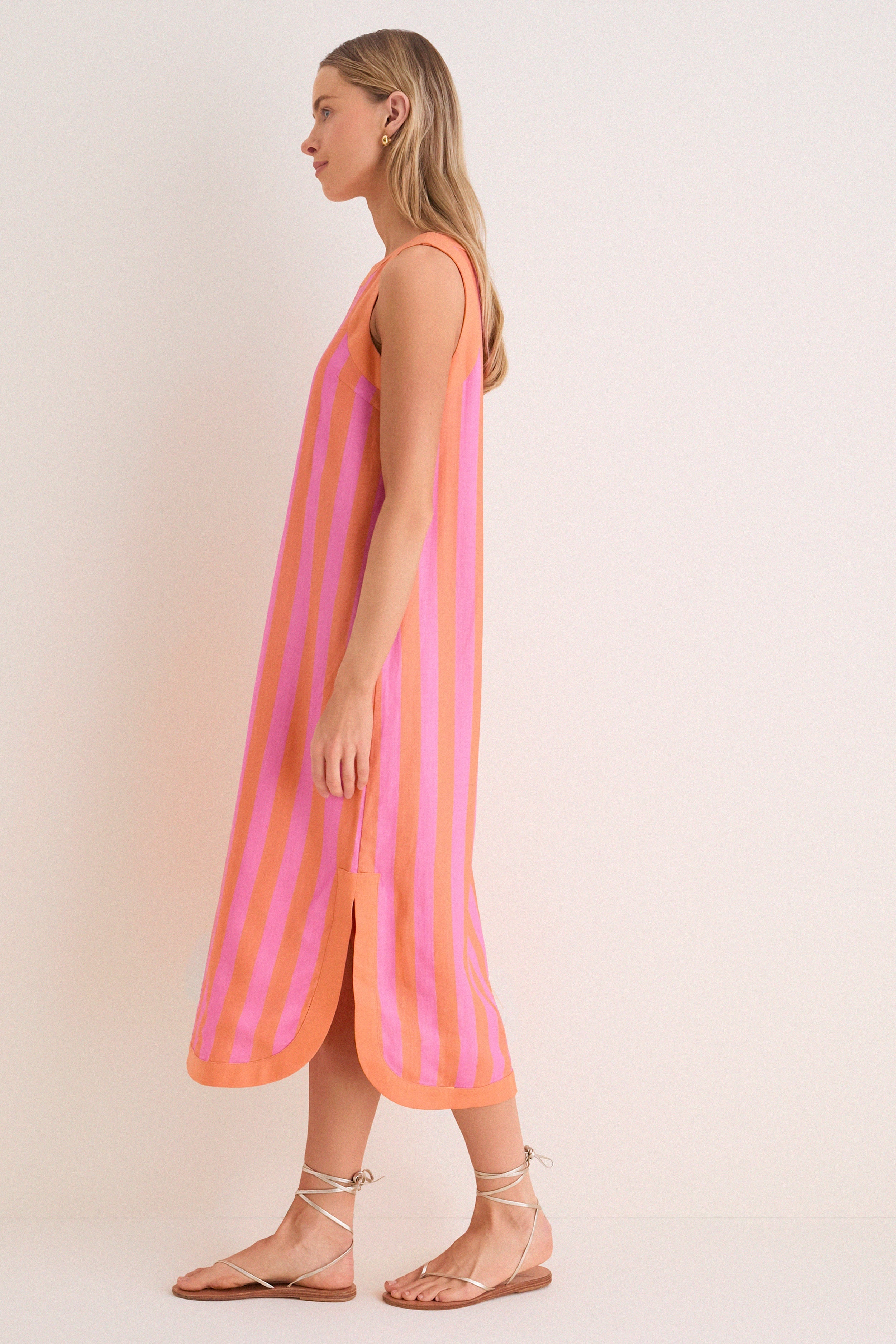 Orange & Pink Cabana Stripe Nella Midi Dress