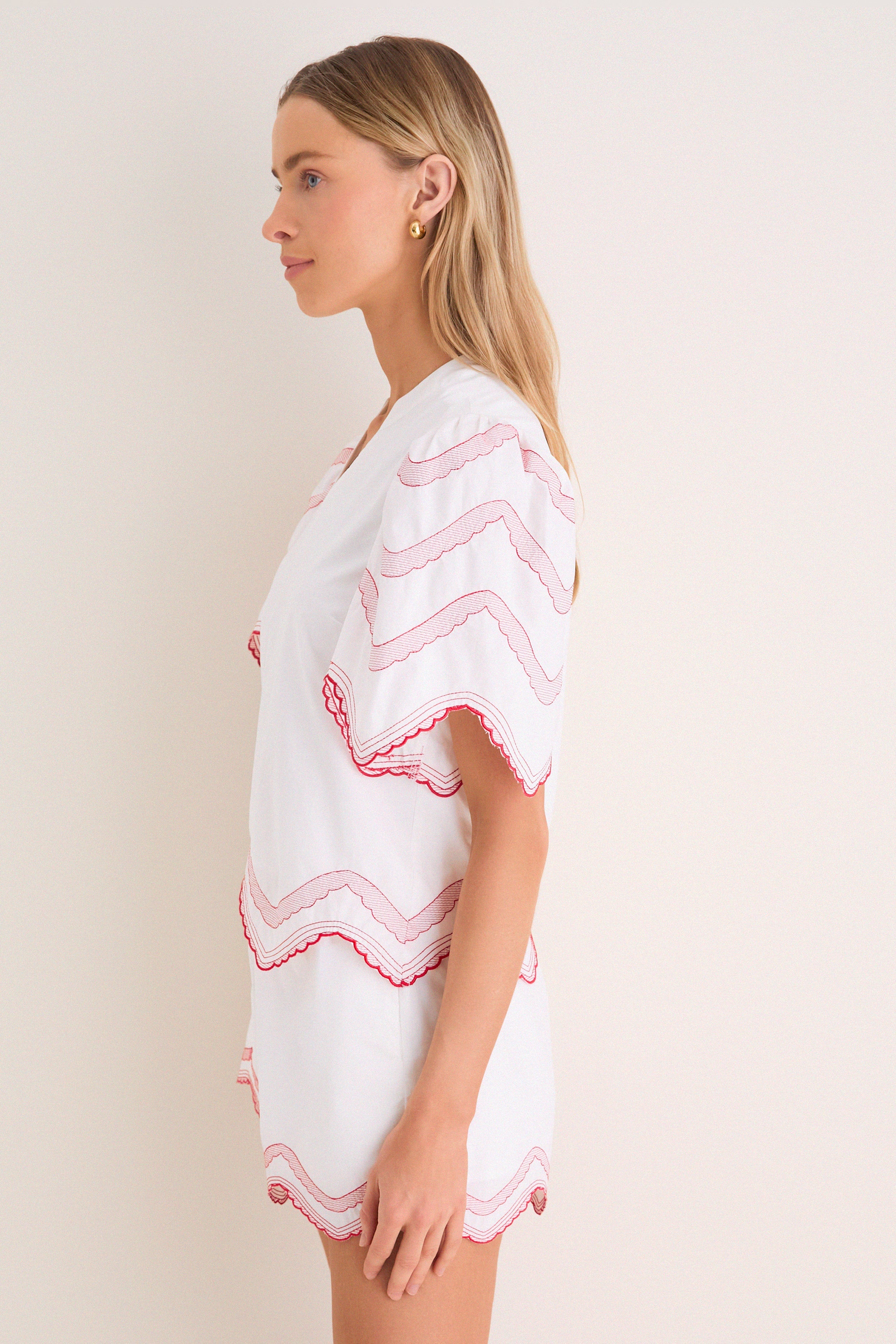 White with Red Embroidery Weston Top