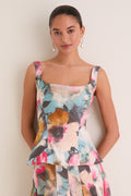 Mist Multi Floral Printed Cotton Scoop Neck Fitted Top