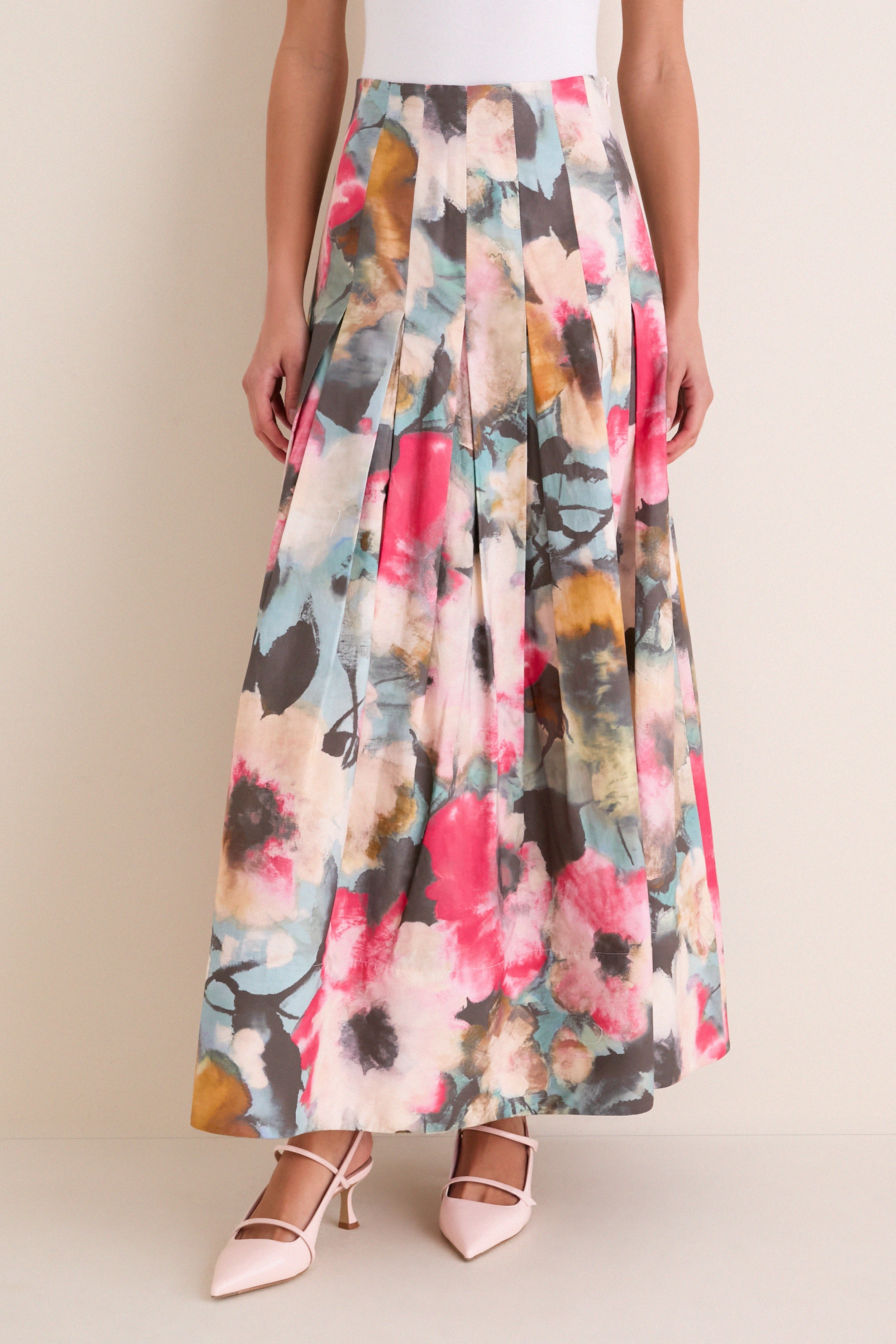 Mist Multi Floral Printed Cotton Full Skirt