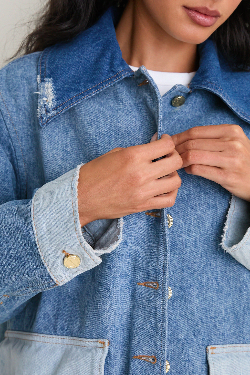 Mid Blue Vintage Patchwork Denim Midi Jacket