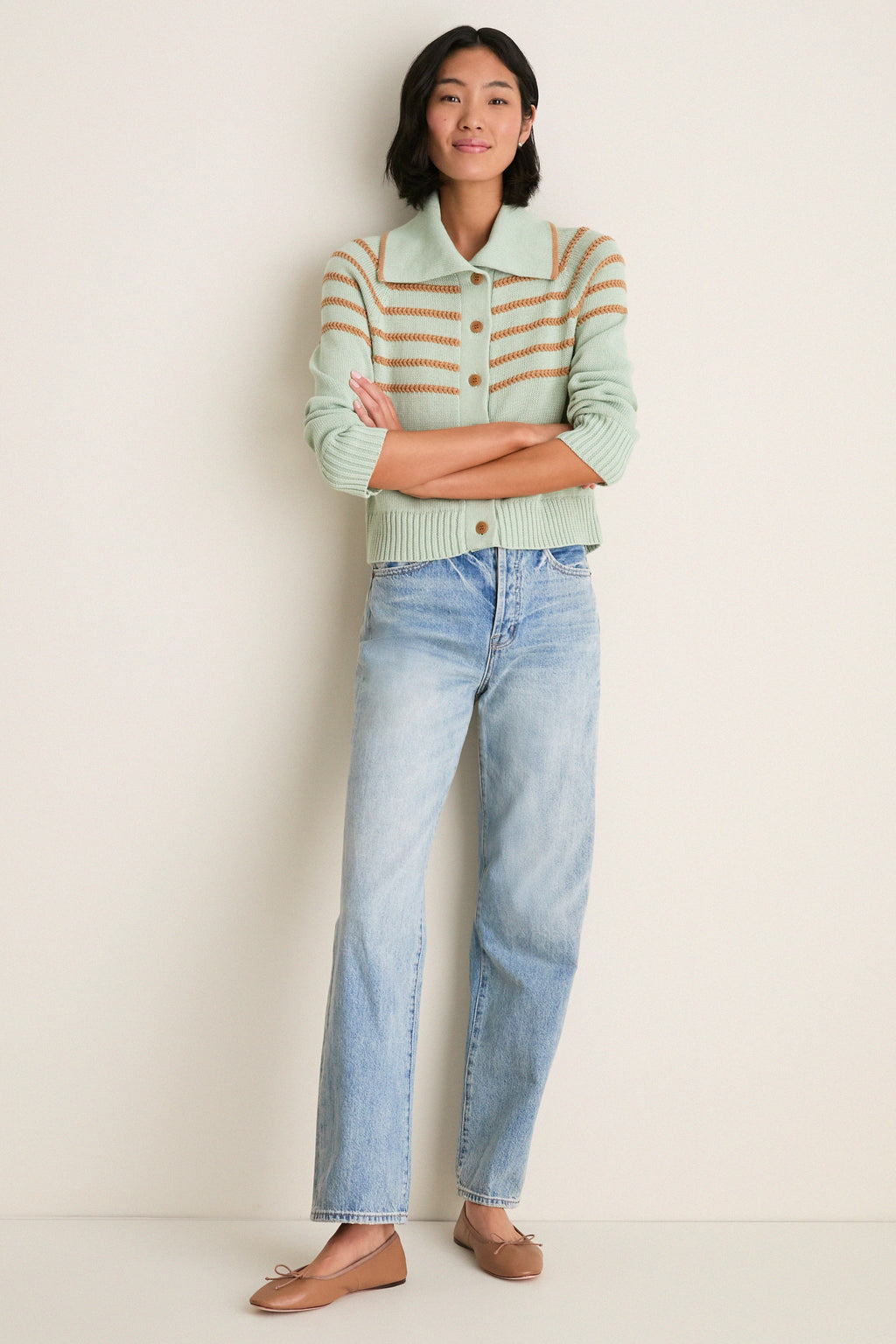 Seafoam Scholar Cardigan with Crochet Stripes