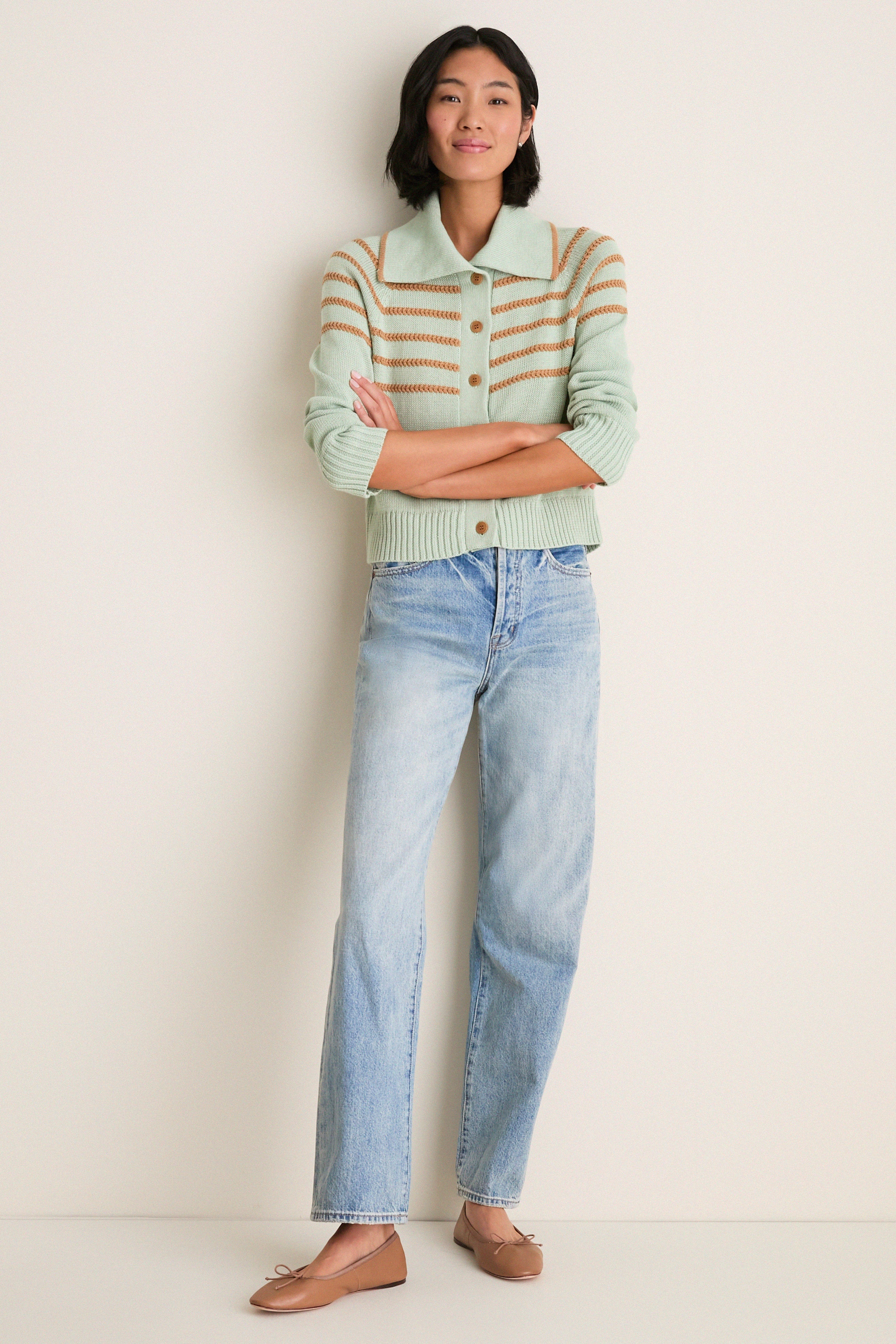 Seafoam Scholar Cardigan with Crochet Stripes