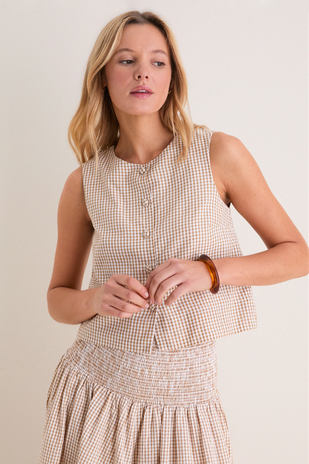 Cafe Check Button Front Wide Hem Top